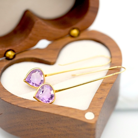 14K Yellow Gold Amethyst Drop earrings 1.5” dangle minimalist Luxe jewelry - Picture 11 of 14